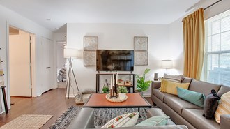 Example of a decorated, furnished apartment living room