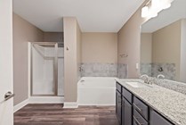 Modern bathroom featuring a granite countertop vanity, sleek glass shower, and relaxing bathtub.