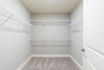 Spacious walk-in closet with sleek wire shelves, perfect for organized storage in a modern apartment.