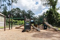 Inviting outdoor playground with slides and climbing structures, nestled in a lush green setting perfect for fun.