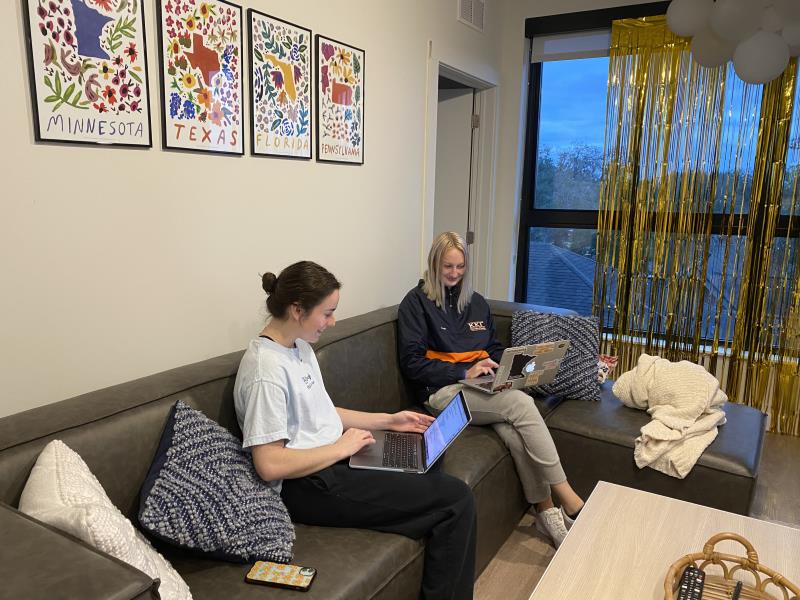 Roomates Two Girl Roommates on Hanging Out on the Couch and Doing Homework